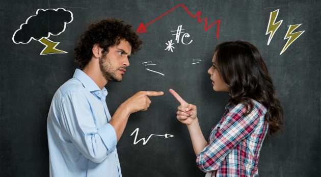 Discussion Between Guy And Girl Over Gray Background